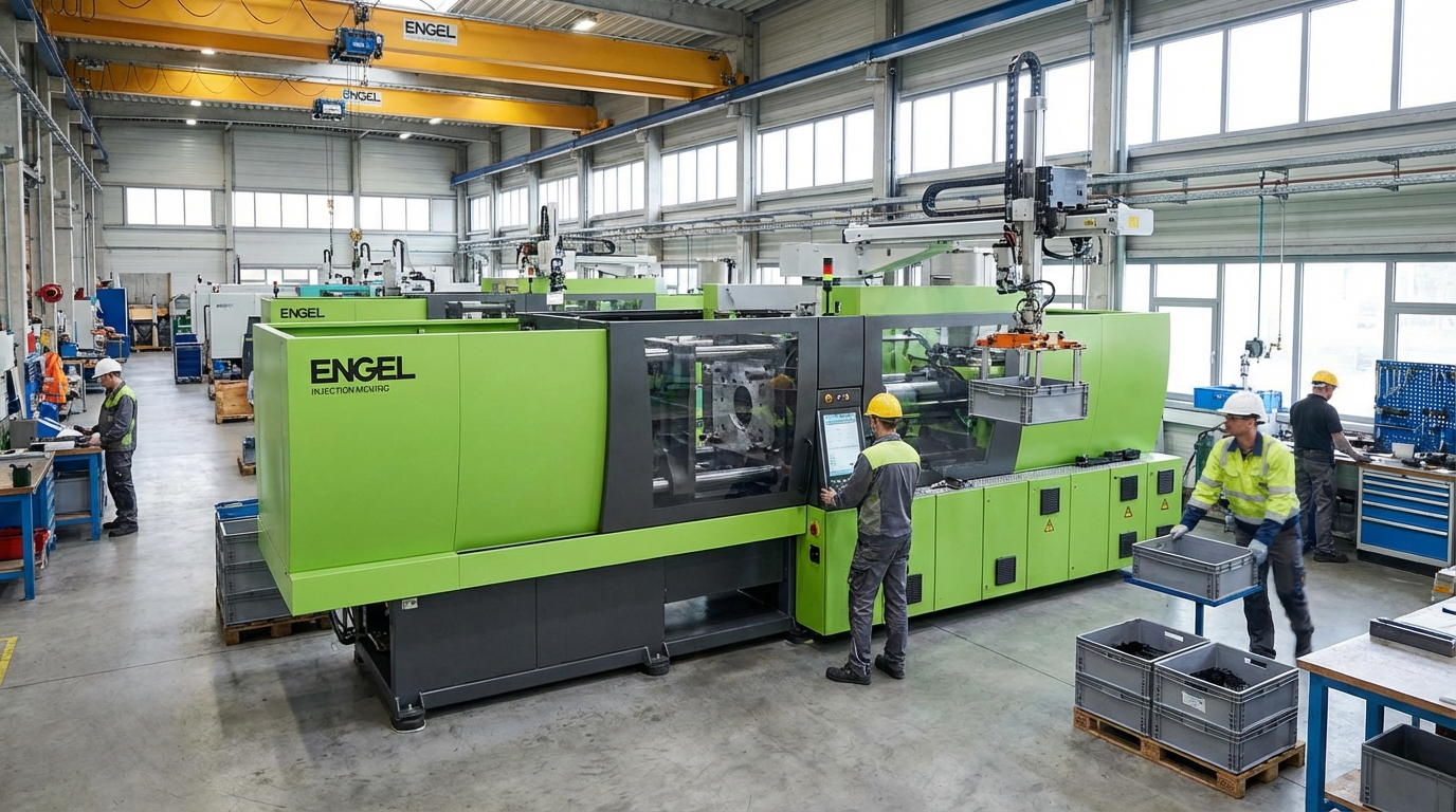 Industrial injection molding machine on factory floor