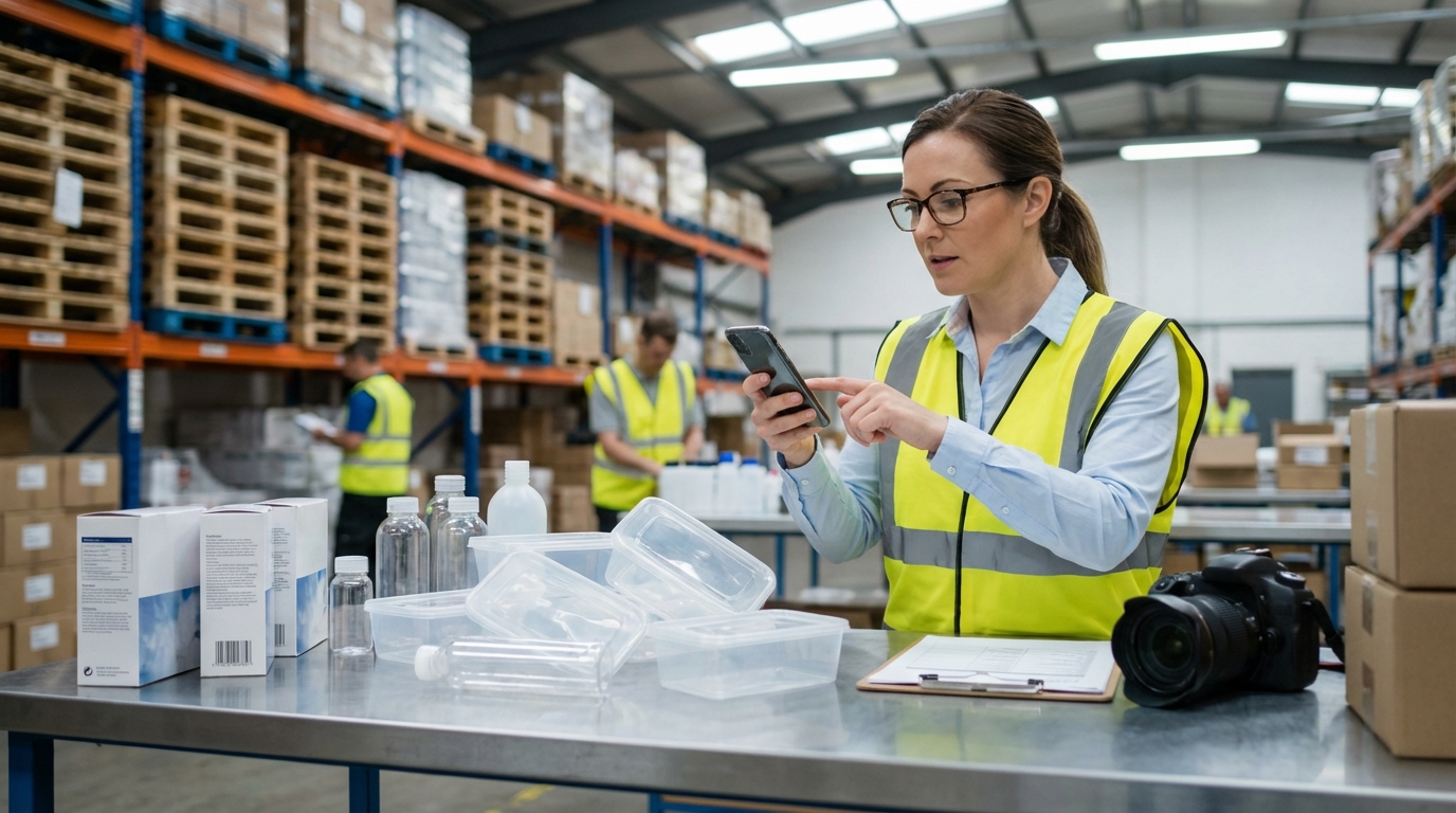 Quality control inspector examining plastic packaging products on a warehouse table, taking photos with smartphone for documentation