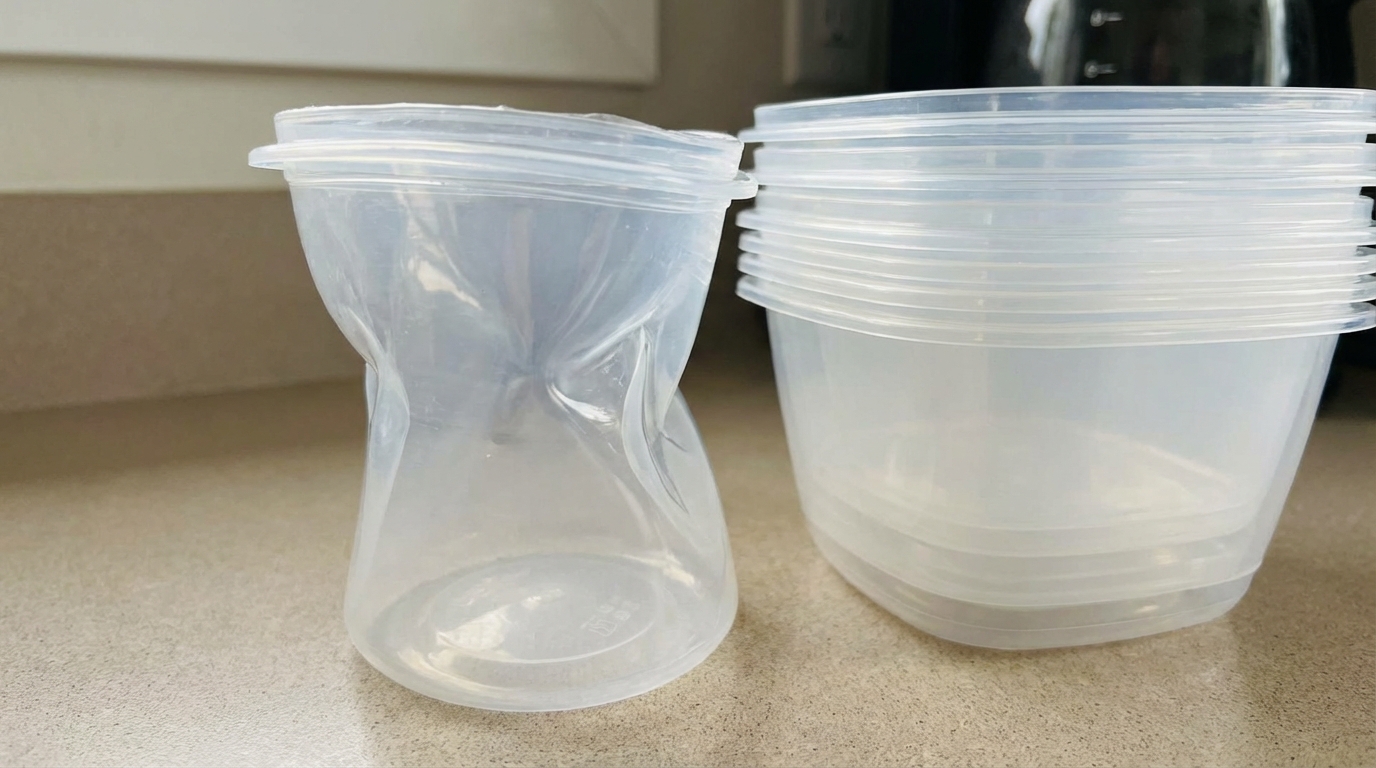 Warped plastic container showing curved or twisted deformation