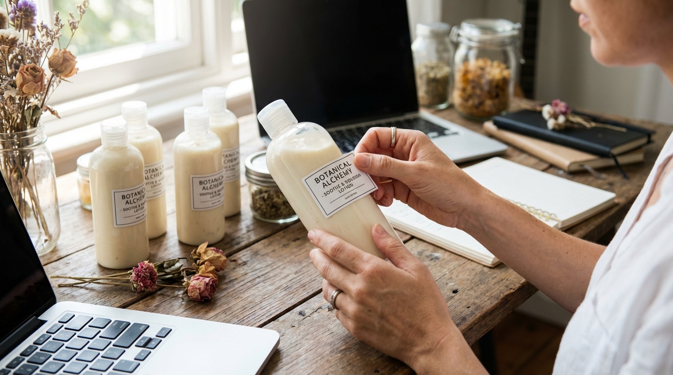 Tangan seorang wanita menempelkan stiker label brand pada botol plastik produk skincare rumahan, di meja kerja rumah dengan beberapa botol lain yang sudah dilabeli