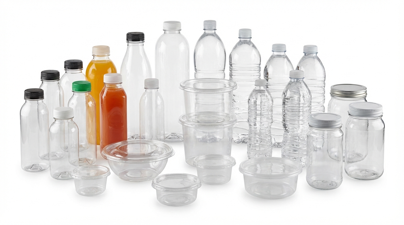 Clear PET plastic bottles and containers for beverages and food