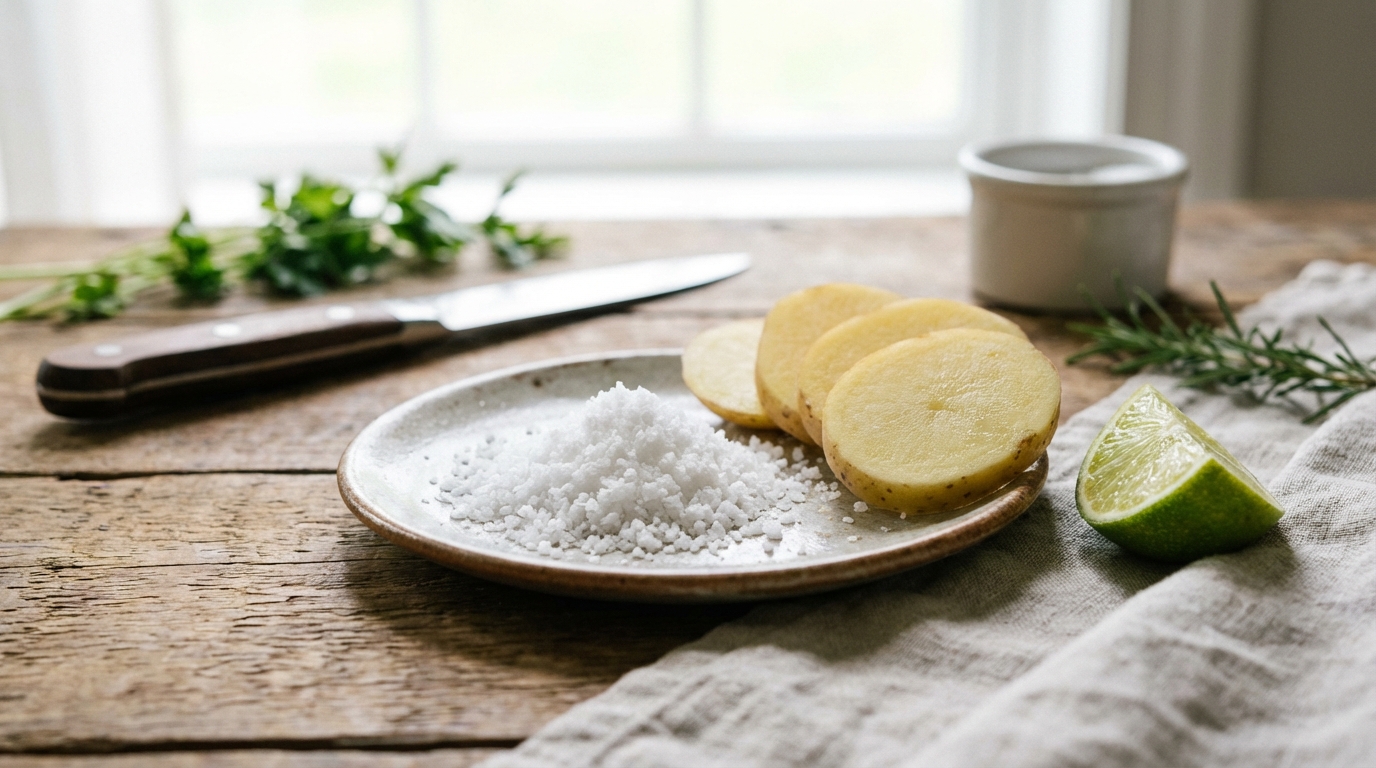 Sebuah piring kecil berisi sedikit garam putih dengan beberapa potongan kentang mentah dan sepotong jeruk nipis di sampingnya, di atas meja dapur dengan pencahayaan terang