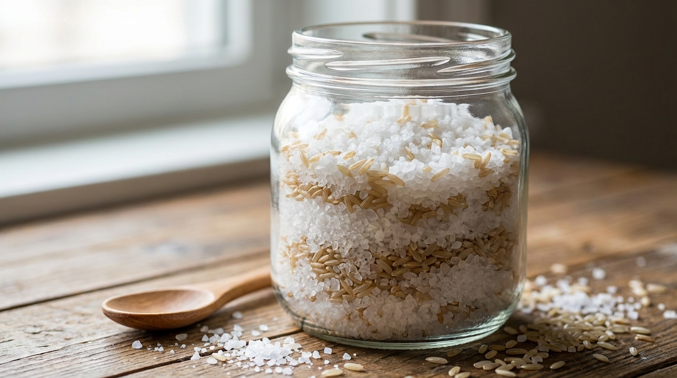 Clear glass container with white salt and several grains of raw rice mixed in