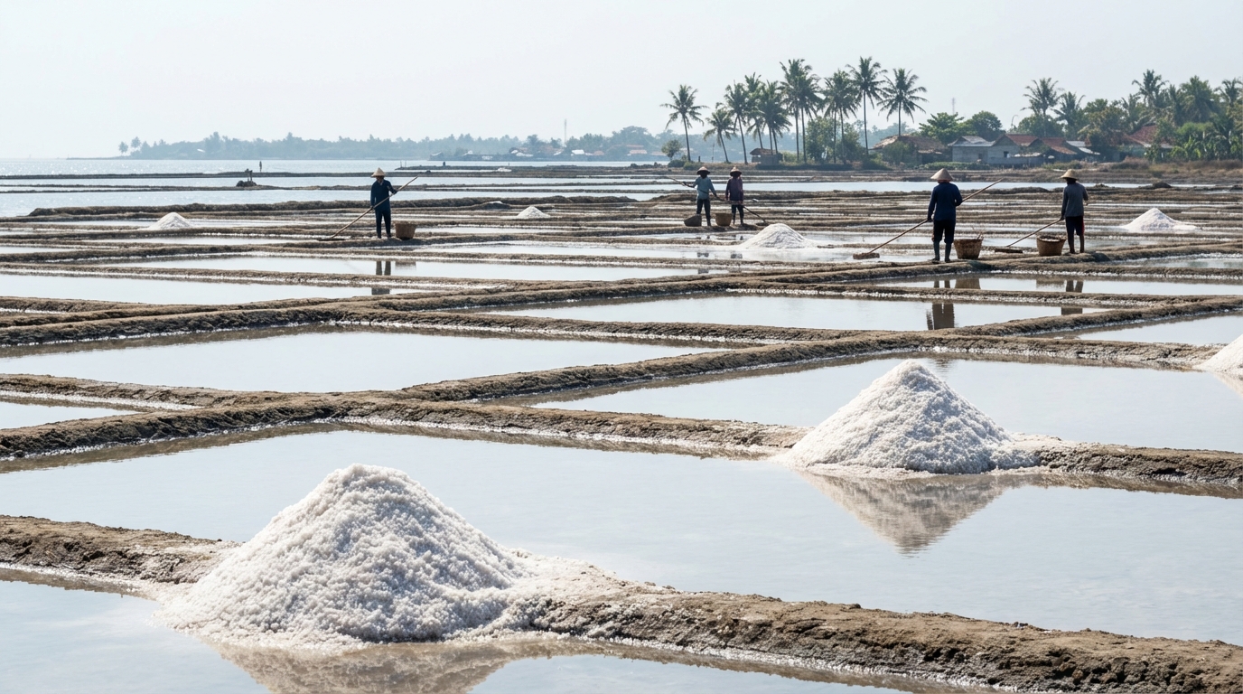 Hamparan tambak garam tradisional di pesisir utara Jawa dengan kolam-kolam dangkal berisi air laut, gundukan kristal garam putih sedang mengering di bawah matahari terik, beberapa petani garam terlihat bekerja di kejauhan dengan alat kayu sederhana