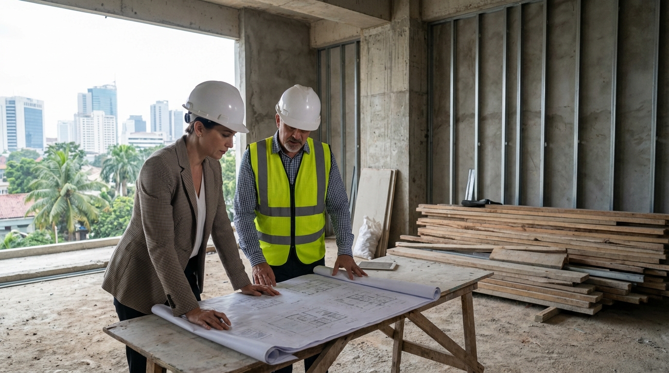 Interior designer and project manager reviewing construction drawings together at a building site in Jakarta, with partially built office walls and construction materials visible in the background