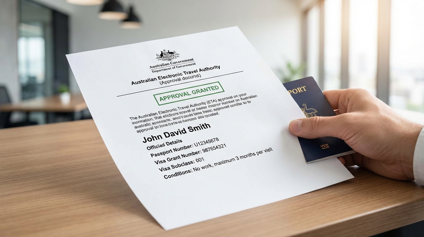 Australian Electronic Travel Authority (ETA) approval document showing visa details