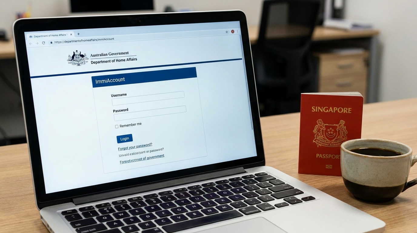 A laptop screen showing the Australian Department of Home Affairs ImmiAccount login page, with a Singapore passport and a coffee cup on a wooden desk beside the laptop