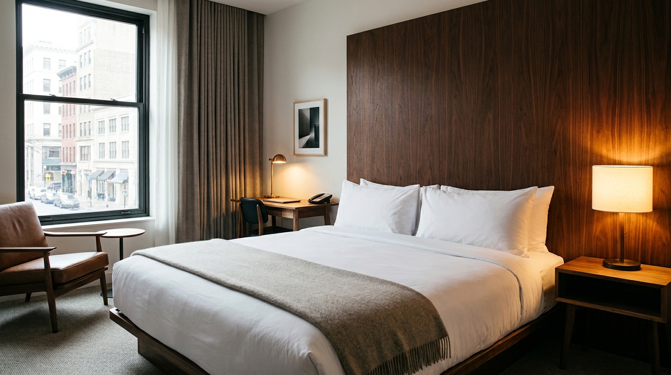 A boutique hotel guestroom interior with a neatly made bed, bedside lamp and table, textured headboard wall, warm lighting, and a compact urban layout. Stylish small-hotel design.