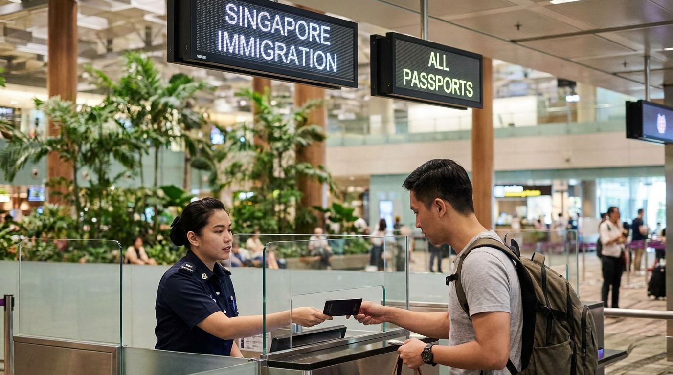 A traveller standing at a Singapore Changi Airport immigration counter handing a passport to an ICA officer in uniform, modern airport interior with bright signage in the background, photographed from a side angle in natural light