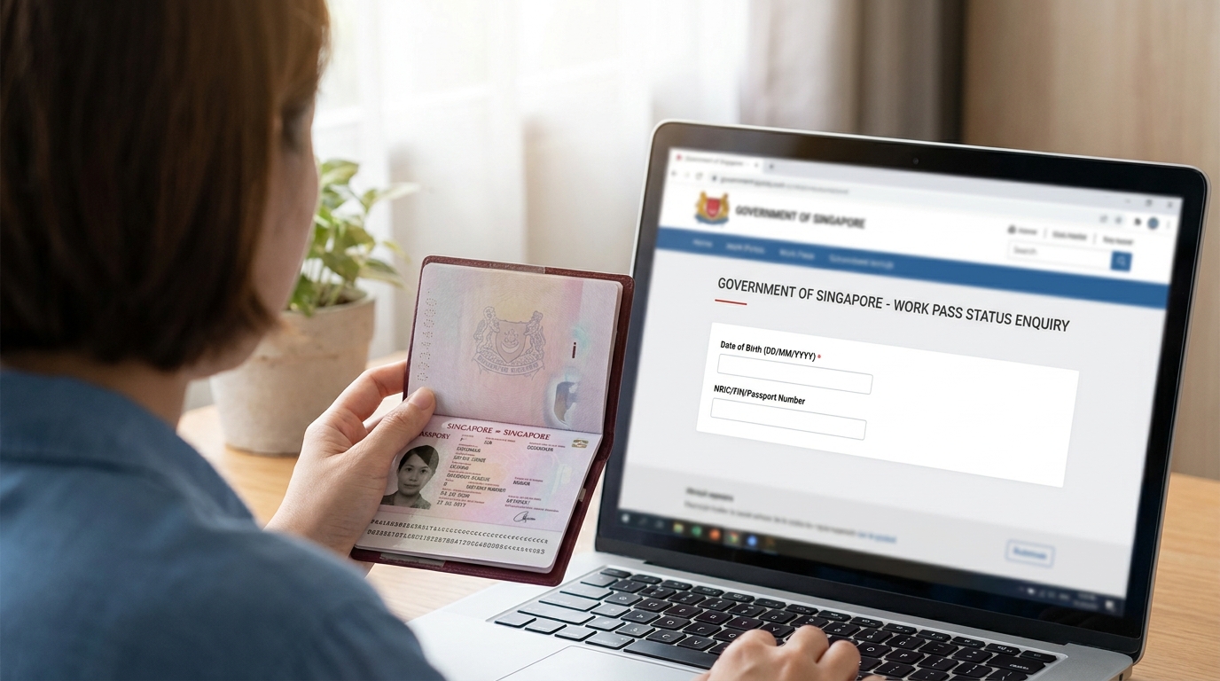 A person seated at a small desk holding a Singapore passport open to the biodata page, looking at a laptop screen showing a generic government work pass status enquiry page with date of birth and identifier input fields, soft natural daylight from the window on the left, mid-shot from behind the shoulder