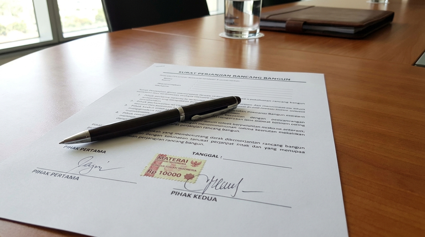 A printed Indonesian design and build contract resting on a meeting table next to a pen and an Indonesian Rp 10.000 duty stamp (materai), with a signature page partially visible. Top-down angle, daylight from a nearby window, realistic professional photograph.