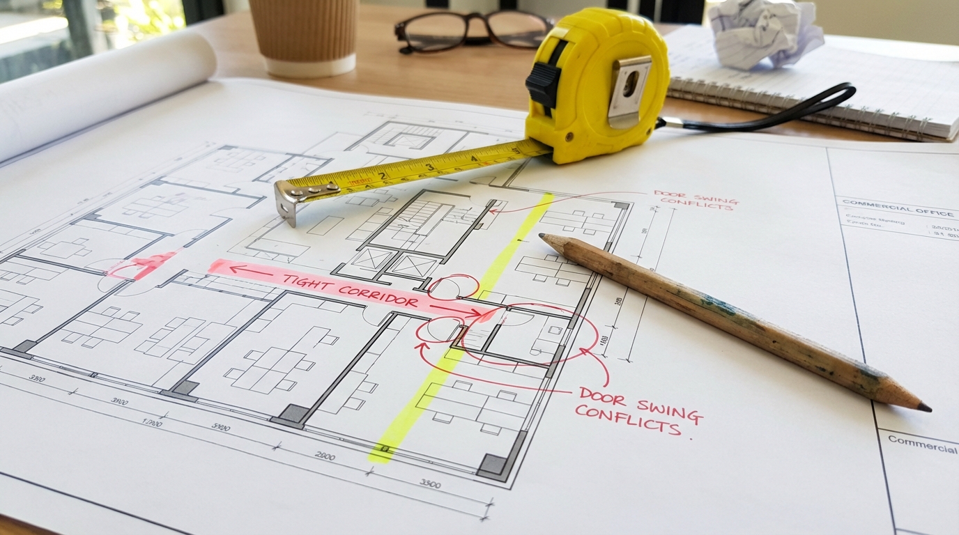 Commercial office floor plan drawing on desk next to measuring tape and pencil, with highlighted areas showing tight corridor widths and door swing conflicts