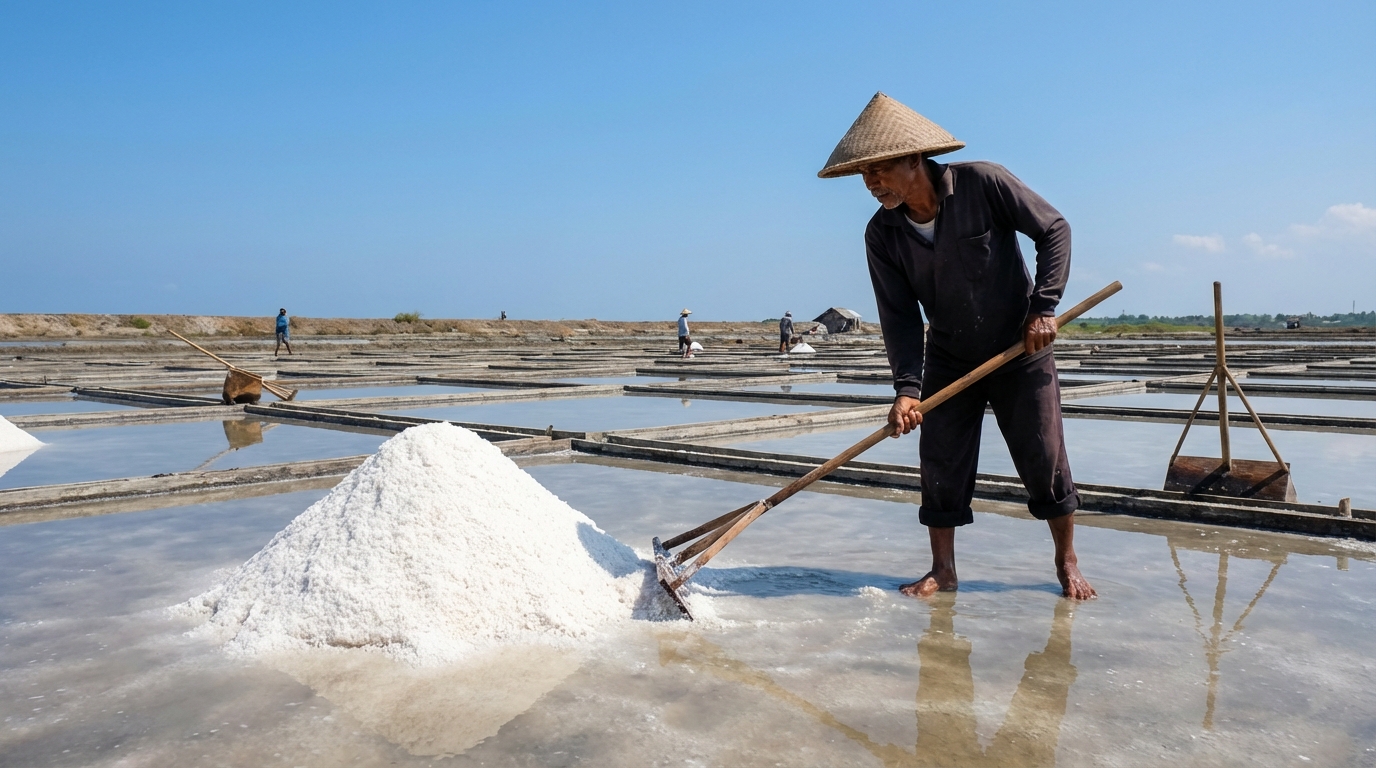 Petani garam Indonesia sedang memanen garam di tambak garam tradisional dengan latar langit cerah dan tumpukan garam putih
