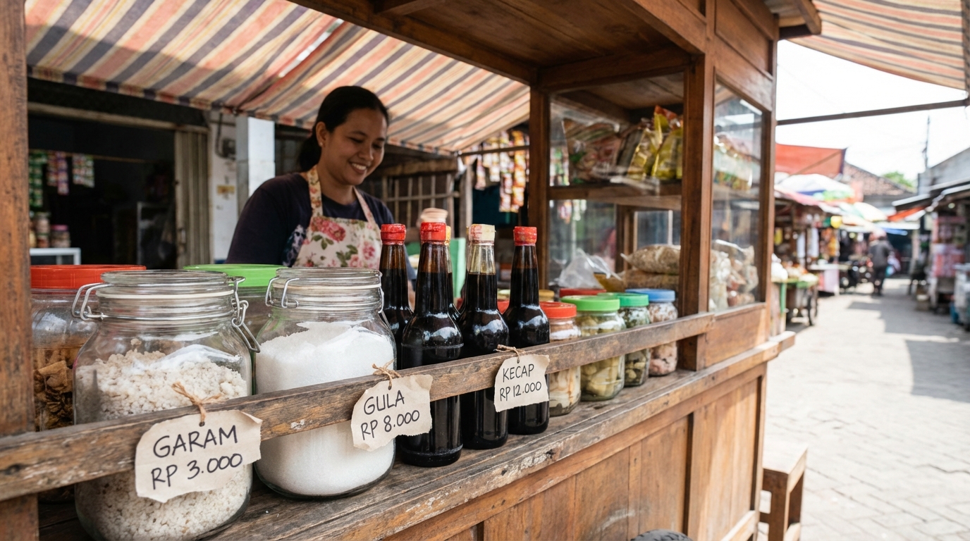 Rak warung kelontong Indonesia dengan deretan bumbu dapur seperti garam, gula, dan kecap, masing-masing kemasan diberi label harga kecil dari kertas, tampak depan jelas